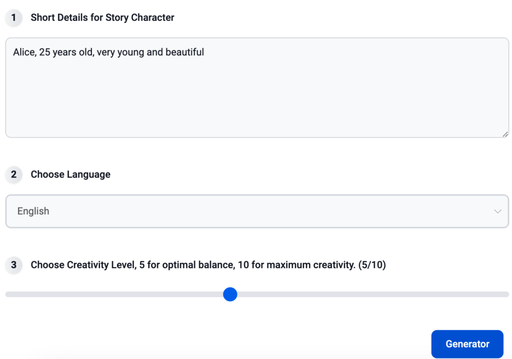 interface of AI story character generator
