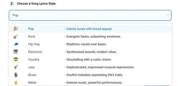 Screenshot of AI Song Lyric Generator Style list