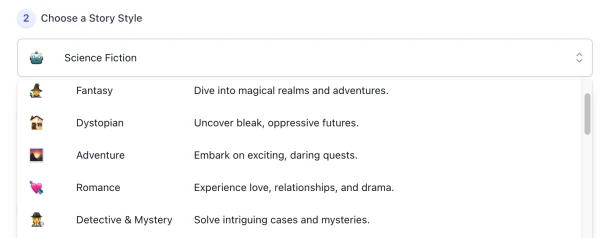 Screenshot of AI Story Generator Style list