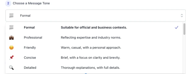 Screenshot of AI Write Message Generator Tone list