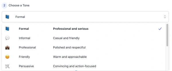 Screenshot of AI Writing Assistant Tone list