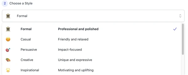 Screenshot of LinkedIn Summary Generator Style list