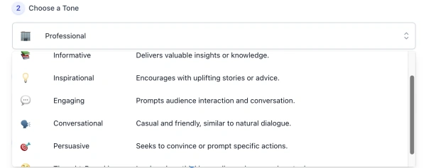 Screenshot of LinkedIn Post Generator Tone Style list