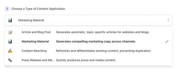 screenshot of AI Content Generator Content Type List