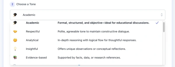 screenshot of AI Discussion Board Response Generator tone list interface