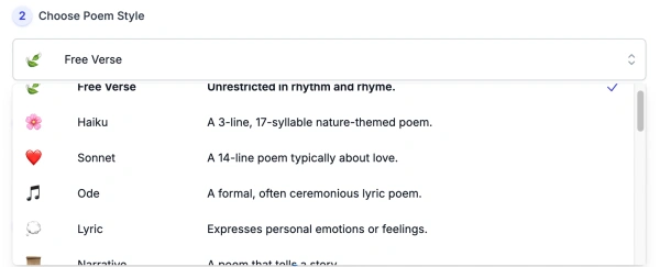 screenshot of AI Poem Generator Poem Style interface