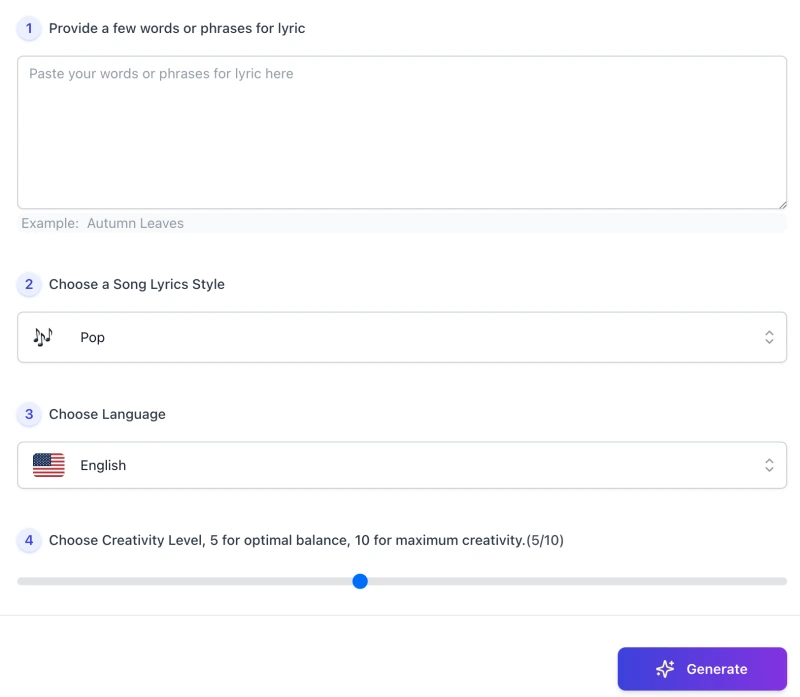 screenshot of AI Song Lyric Generator interface