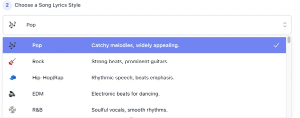 screenshot of AI Song Lyric style list interface