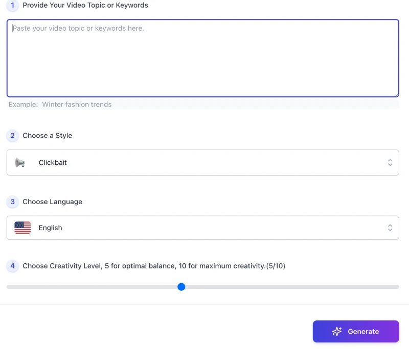 screenshot of AI Youtube Title Generator interface