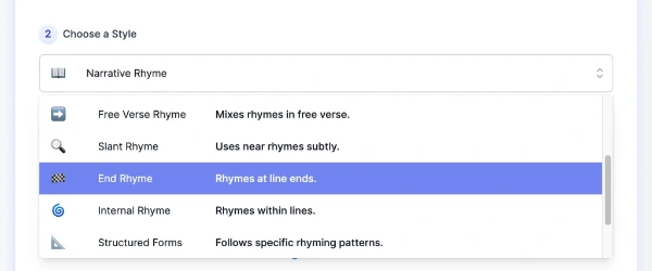 screenshot of Rhyme Styles list