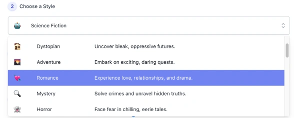 screenshot of ai backstory generator style list