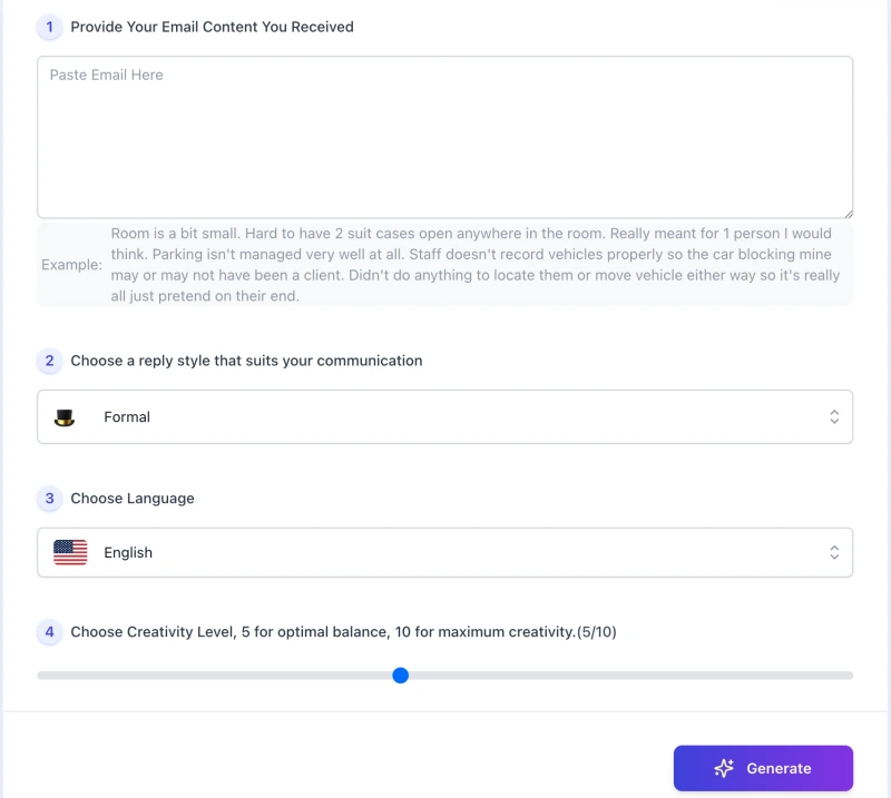 screenshot of ai email reply generator interface