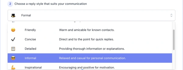 screenshot of ai email reply style list interface