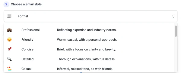 screenshot of ai email writer generator style interface