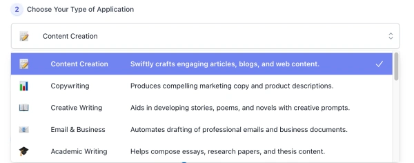 screenshot of ai text generator Type list interface