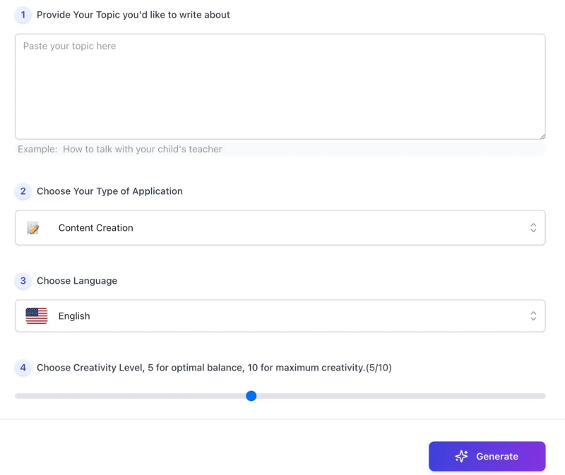 screenshot of ai text generator interface