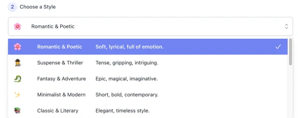 style list of AI Book Title Generator interface ( screenshot )