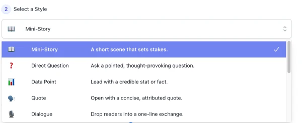 style list of AI Hook Sentence Generator interface
