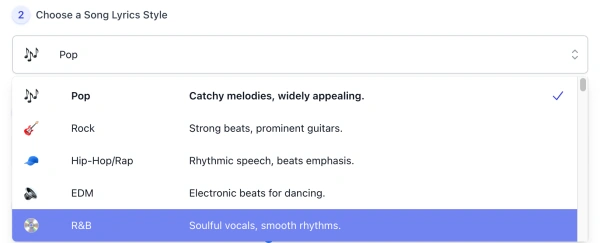 style list of AI Song Lyric Generator interface
