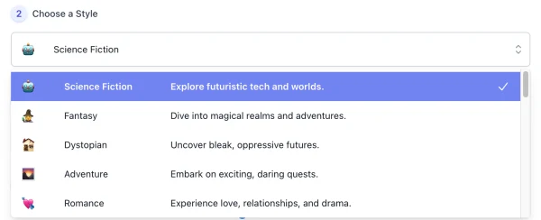style list of AI Story Character Generator interface