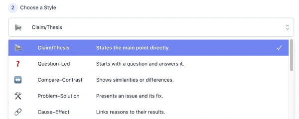 style list of AI Topic Sentence Generator interface ( screenshot )