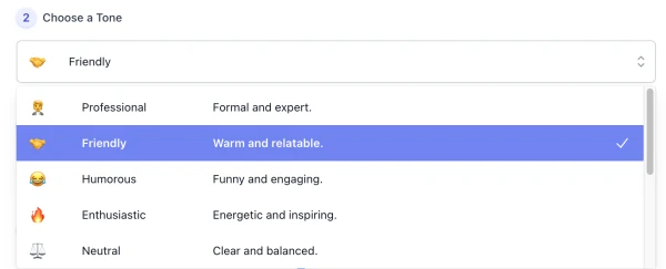 tone list of AI YouTube Video Description Generator interface ( screenshot )