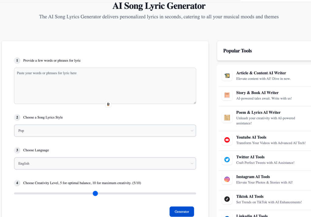 interface of AI Song Lyrics Generator