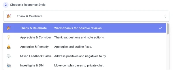 Style list of AI Review Response Generator interface ( screenshot )