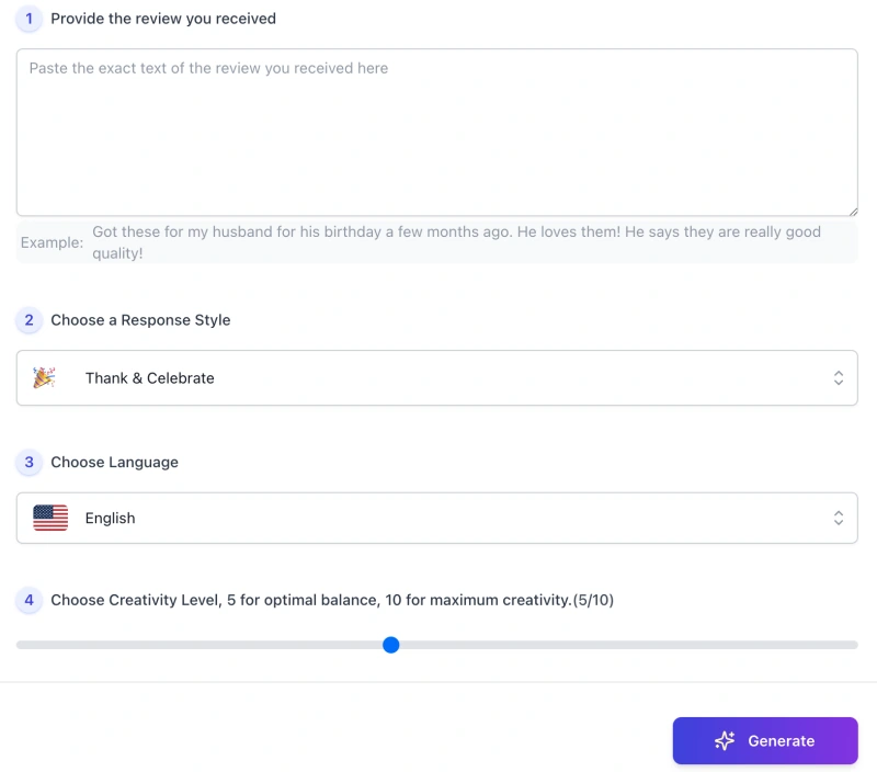 screenshot of AI Review Response Generator interface