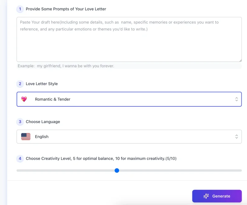 screenshot of AI love letter generator interface