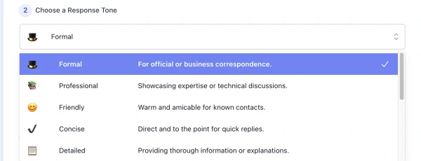 screenshot of ai comment reply generator response tone list interface