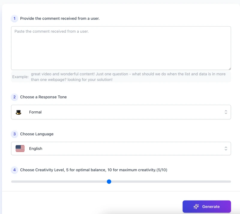 screenshot of ai comment reply generator