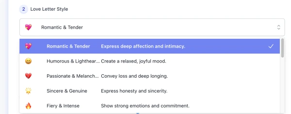screenshot of ai love letter generator style list interface
