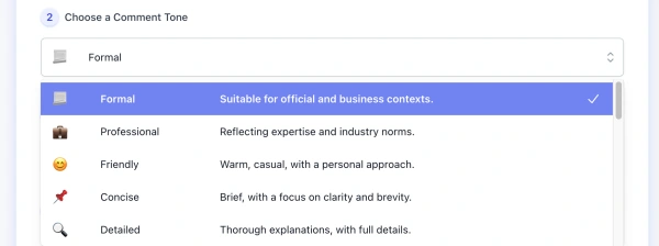 screenshot of ai write comments generator tone list interface