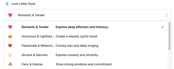 screenshot of love letter styles list