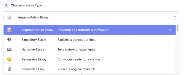 Essay Types list of AI Essay Writer interface ( screenshot )