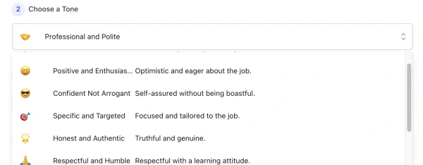 Screenshot of AI Cover Letter Generator Tone Style list