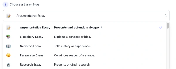 screenshot of AI Essay Writer Generator Type list