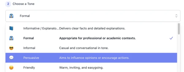 screenshot of ai answer generator tone list interface