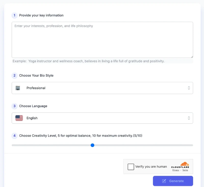 Screenshot of AI Facebook Bio Generator interface