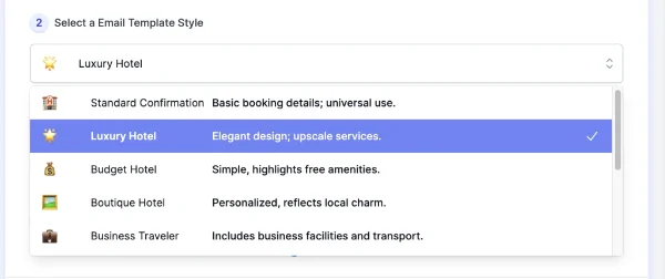 Screenshot of AI Hotel Confirmation Email Generator styles list