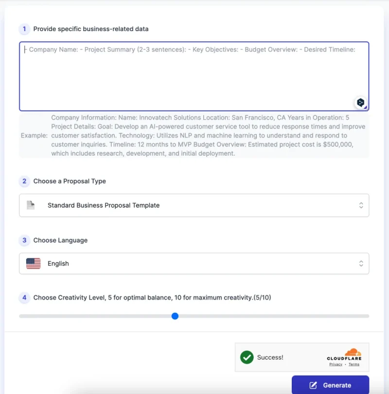 Screenshot of AI Proposal Generator interface