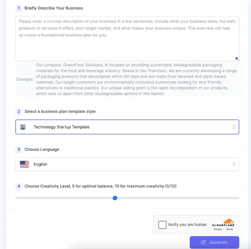 screenshot of AI Business Plan Generator interface