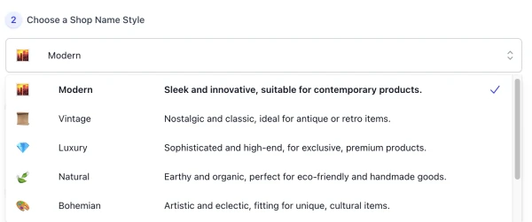 screenshot of AI Etsy Shop Name Generator name style list