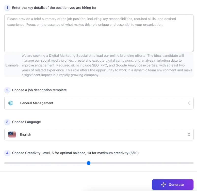 screenshot of AI Job Description Generator interface