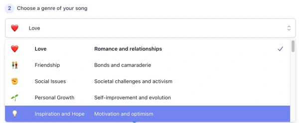 screenshot of AI Song Name Generator style list interface