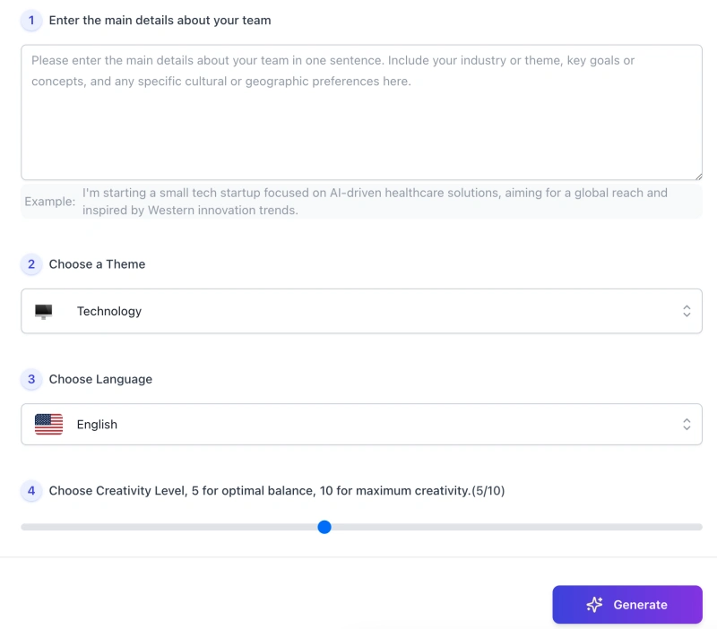 screenshot of ai team name generator interface