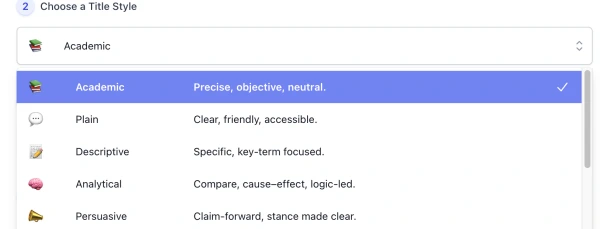 style list of AI Essay Title Generator interface