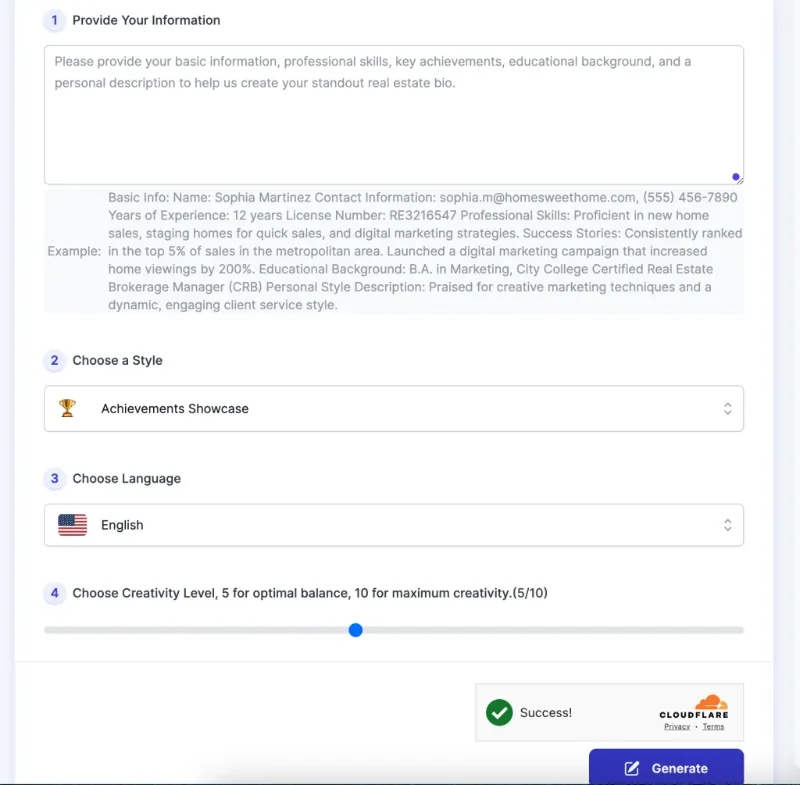 Screenshot of AI Realtor Bio Generator interface