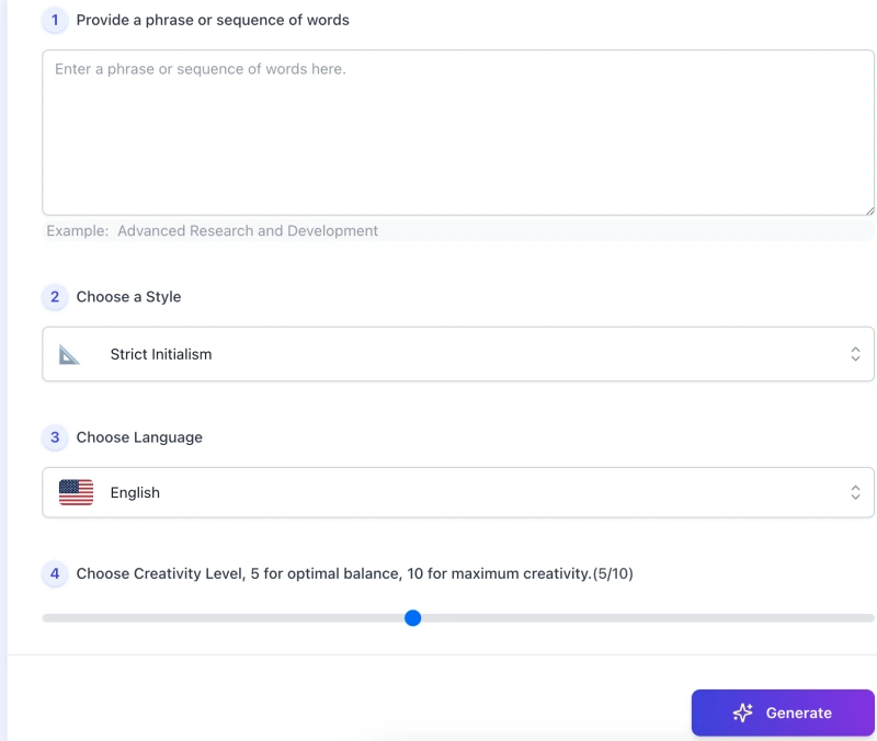 screenshot of AI Acronym Generator interface